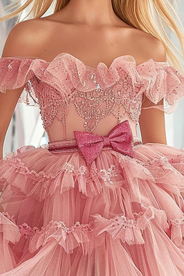 Sparkly Blush A Line Tiered Tulle Short Cocktail Dress with Bow